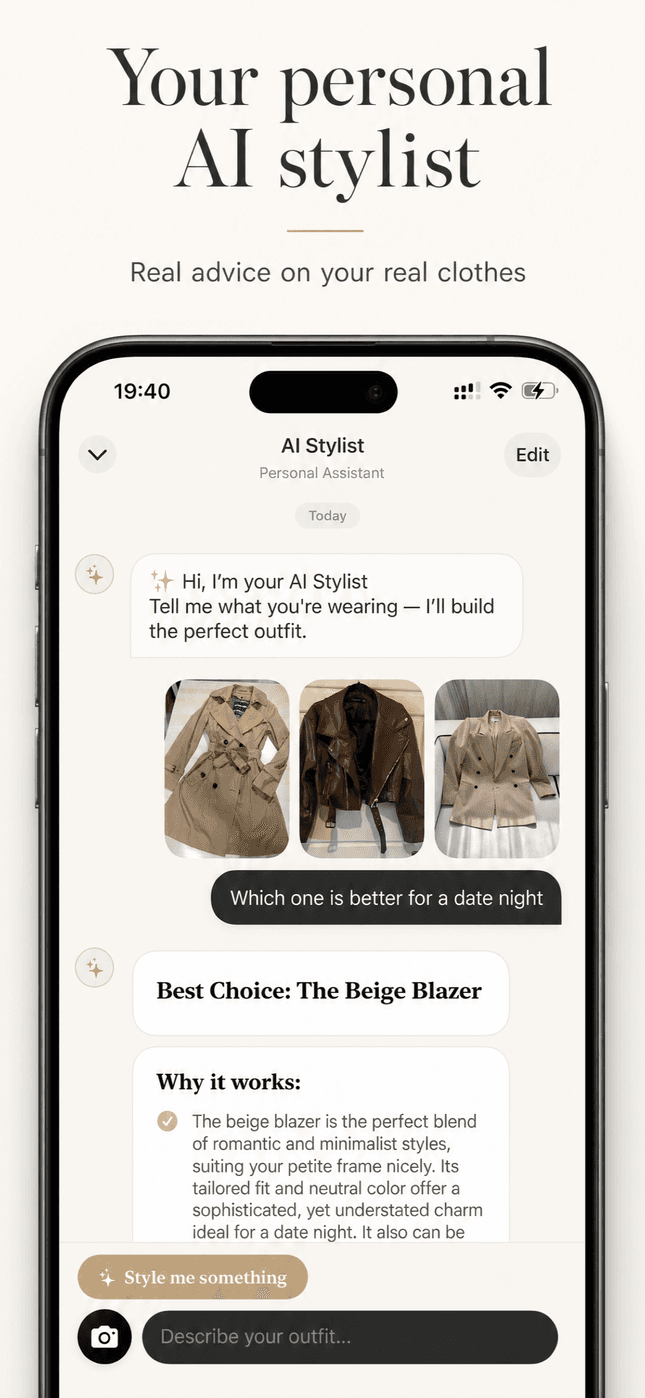 Chat with Mia — comparing three jackets, with Mia picking the beige blazer for a date night
