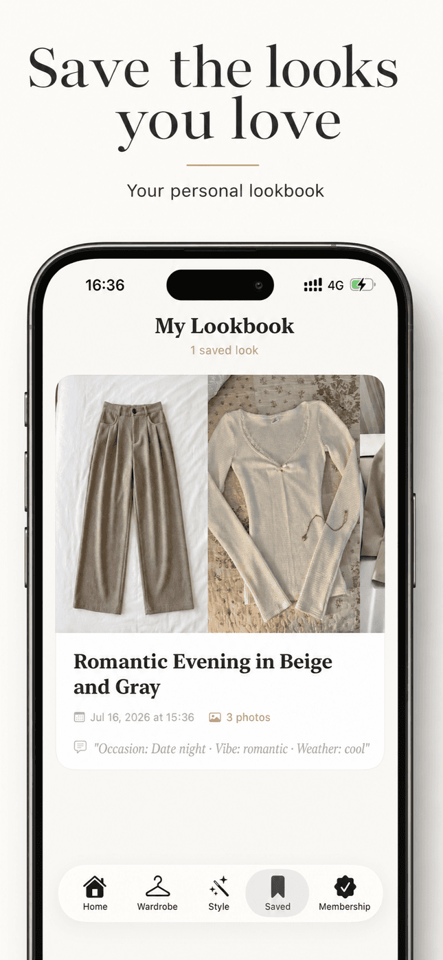 Lookbook screen — saved outfits like “Romantic Evening in Beige and Gray”