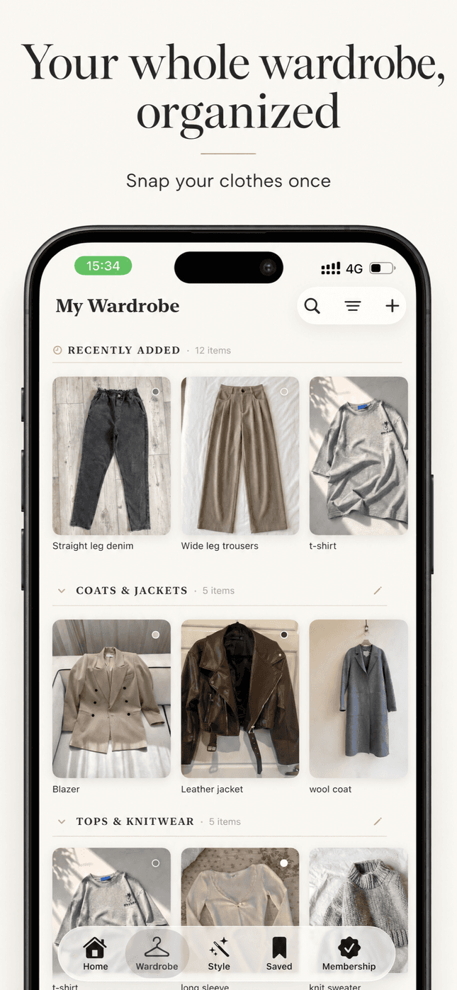 Wardrobe screen — your clothes photographed once and organized into editorial sections